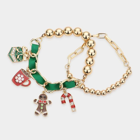 Christmas  Gingerbread Theme Enamel Red Ribbon Charm Stretch Bracelets