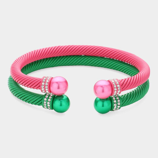 Pink and Green 2PCS - Stone Paved Pearl Pointed Tip Double Cuff Bracelets - M H W ACCESSORIES LLC