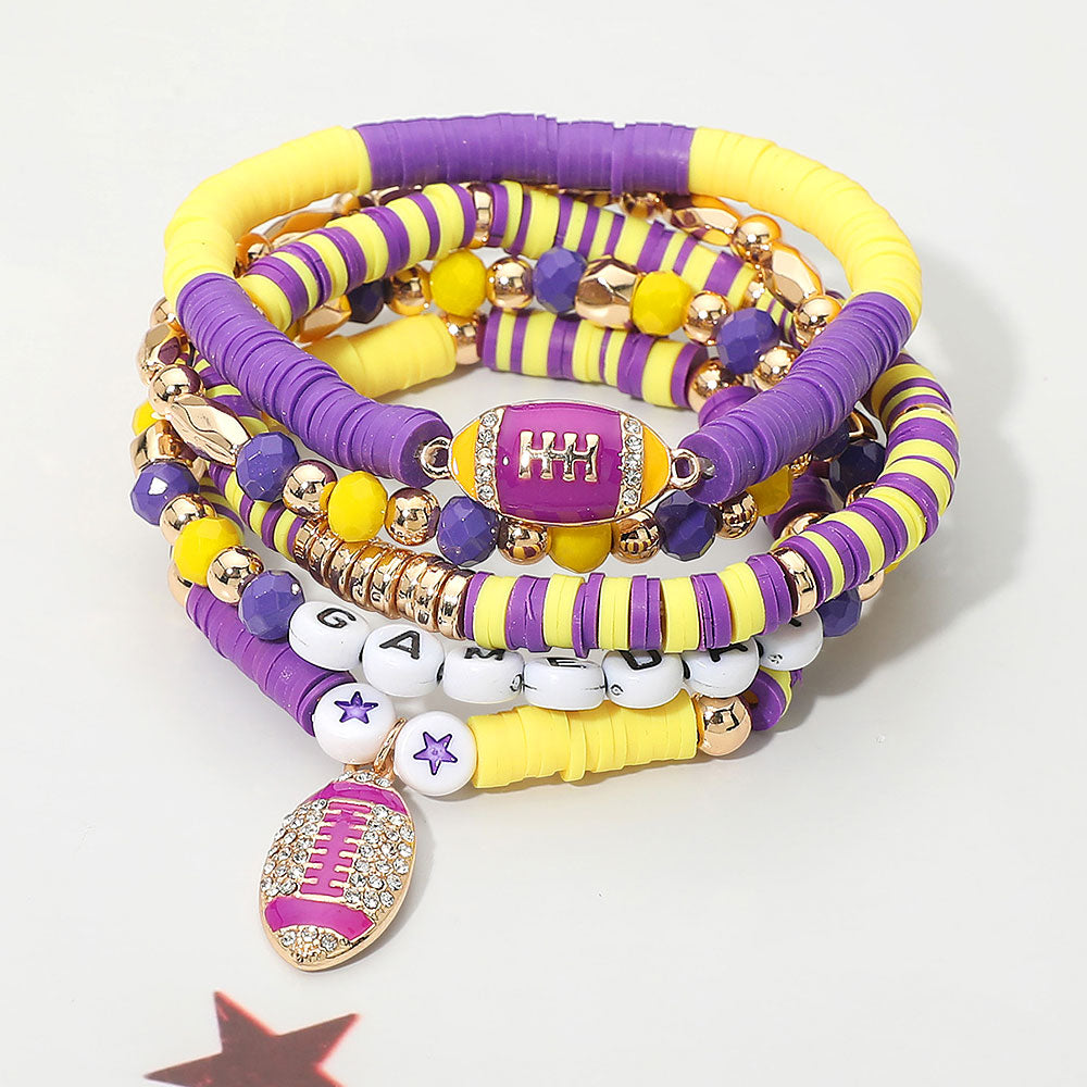 5PCS - GAME DAY Football Charm Heishi Purple & Gold Beaded Stretch Multi Layered Bracelets M H W ACCESSORIES LLC 5PCS - GAME DAY Football Charm Heishi Purple & Gold Beaded Stretch Multi Layered Bracelets