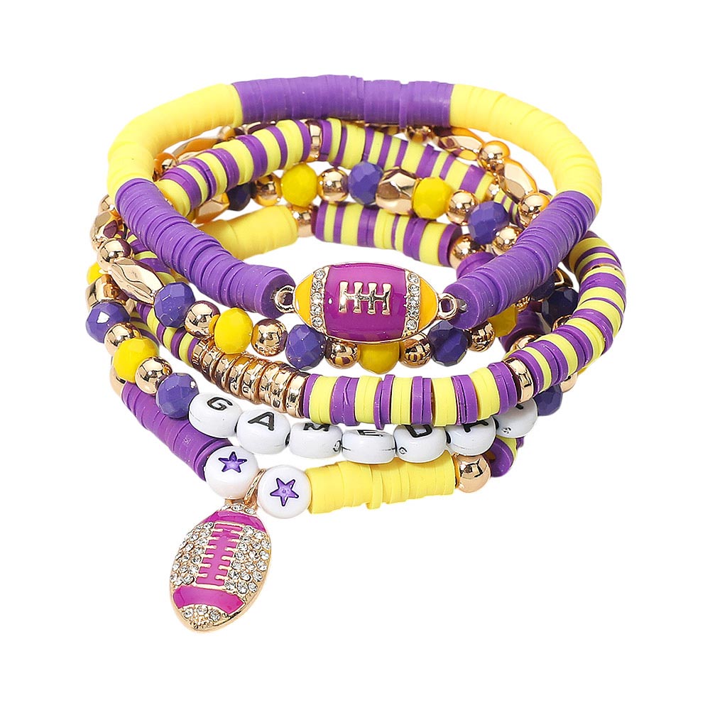 5PCS - GAME DAY Football Charm Heishi Purple & Gold Beaded Stretch Multi Layered Bracelets M H W ACCESSORIES LLC 5PCS - GAME DAY Football Charm Heishi Purple & Gold Beaded Stretch Multi Layered Bracelets