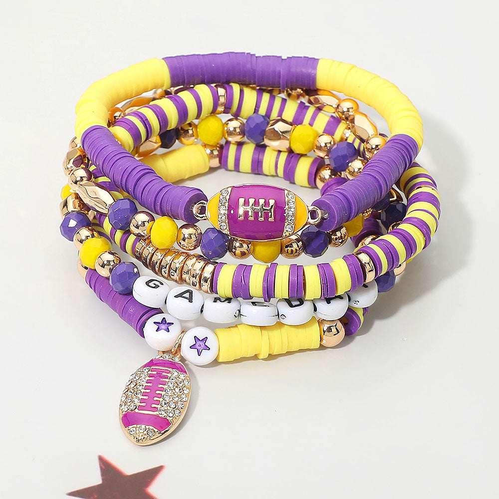 5PCS - GAME DAY Football Charm Heishi Purple & Gold Beaded Stretch Multi Layered Bracelets M H W ACCESSORIES LLC 5PCS - GAME DAY Football Charm Heishi Purple & Gold Beaded Stretch Multi Layered Bracelets