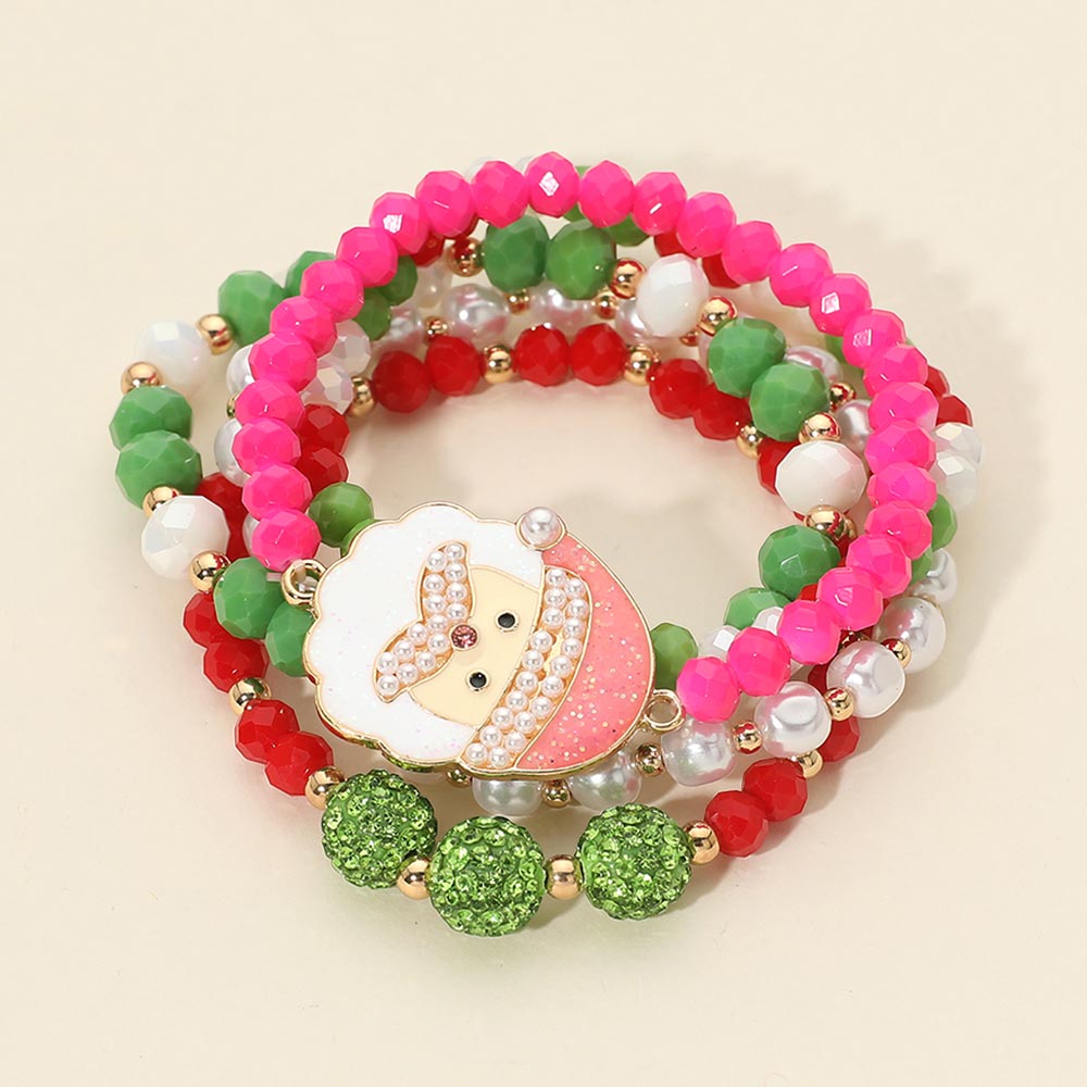 Pink & Green Christmas Santa Shamballa Ball Faceted Beaded Stretch Multi Layered Bracelets M H W ACCESSORIES LLC Pink & Green Christmas Santa Shamballa Ball Faceted Beaded Stretch Multi Layered Bracelets