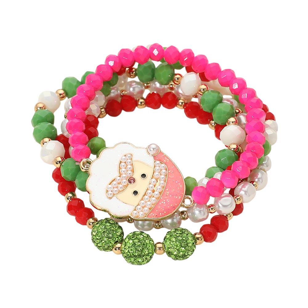 Pink & Green Christmas Santa Shamballa Ball Faceted Beaded Stretch Multi Layered Bracelets M H W ACCESSORIES LLC Pink & Green Christmas Santa Shamballa Ball Faceted Beaded Stretch Multi Layered Bracelets