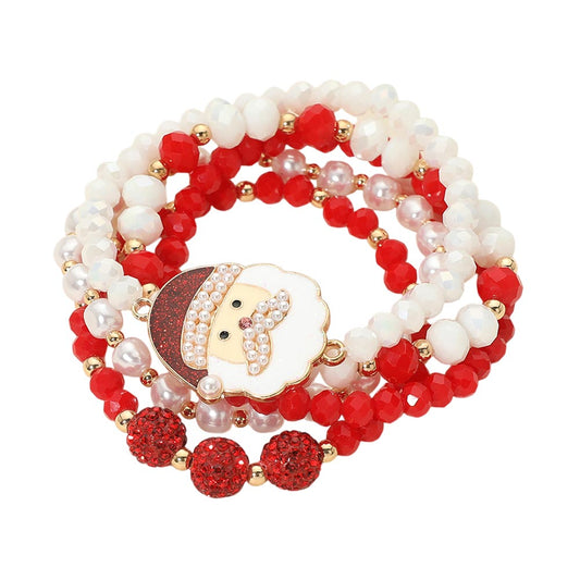 5PCS - Christmas Santa Shamballa Ball Faceted Beaded Stretch Multi Layered Bracelets M H W ACCESSORIES LLC 5PCS - Christmas Santa Shamballa Ball Faceted Beaded Stretch Multi Layered Bracelets