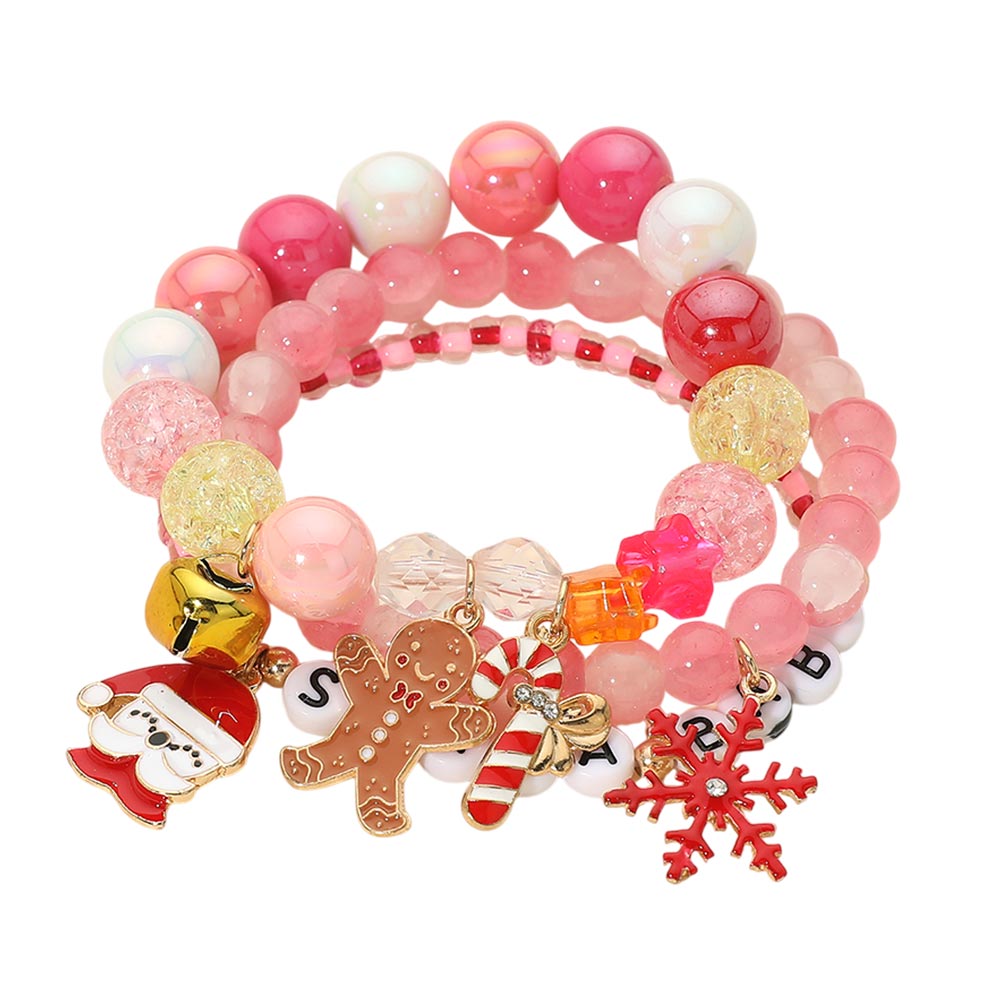 3PCS - Christmas Santa Candy Cane Snowflake Gingerbread Man Charm SANTA BABY Message Beaded Stretch Multi Layered Bracelet M H W ACCESSORIES LLC 3PCS - Christmas Santa Candy Cane Snowflake Gingerbread Man Charm SANTA BABY Message Beaded Stretch Multi Layered Bracelet