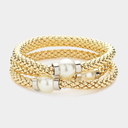 3PCS - Gold Pearl Mesh Metal Stretch Multi Layered Bracelets - M H W ACCESSORIES LLC