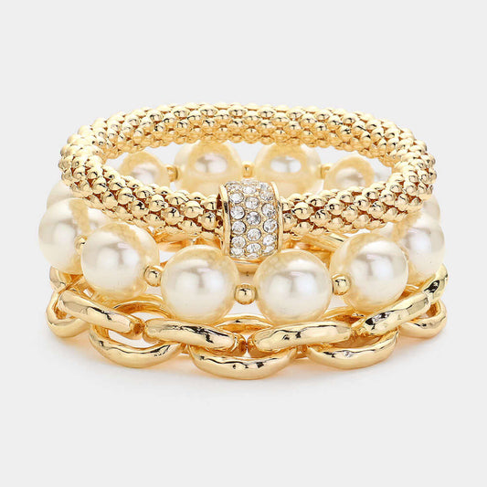 Gold 3PCS - Pearl Stone Paved Ball Pointed Metal Chain Stretch Multi Layered Bracelets - M H W ACCESSORIES LLC