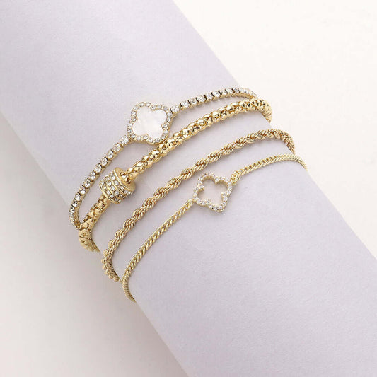 Gold 4 pcs-Mother Of Pearl Quatrefoil Tennis Chain Twisted Metal Chain Layered Bracelets - M H W ACCESSORIES LLC