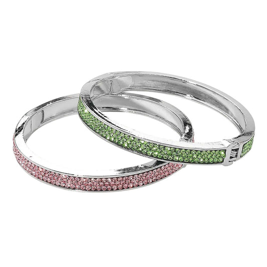 Pink & Green Multi-Layered 2PCS - Rhinestone Studded Hinged Bangle Bracelets