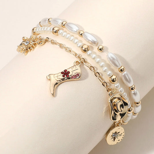 3PCS - Western Hat Boot Horseshoe Charm Pearl Beaded Multi Layered Bracelets