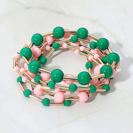 7PCS - Resin Ball Metal Bar Beaded Stretch Stackable Multi Layered Bracelets