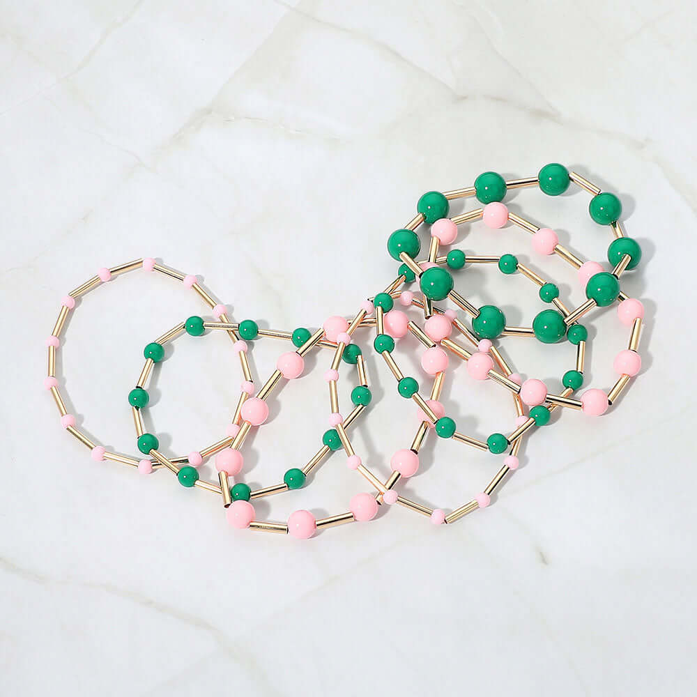 7PCS - Resin Ball Metal Bar Beaded Stretch Stackable Multi Layered Bracelets