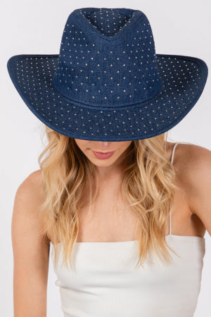 Rhinestone Studded Dark Blue Denim Cowboy Hat