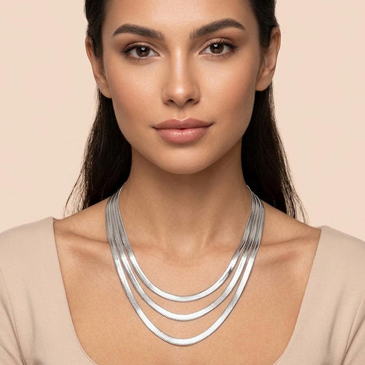 Silver Dipped Triple Strand Herringbone Chain Necklace M H W ACCESSORIES LLC Silver Dipped Triple Strand Herringbone Chain Necklace