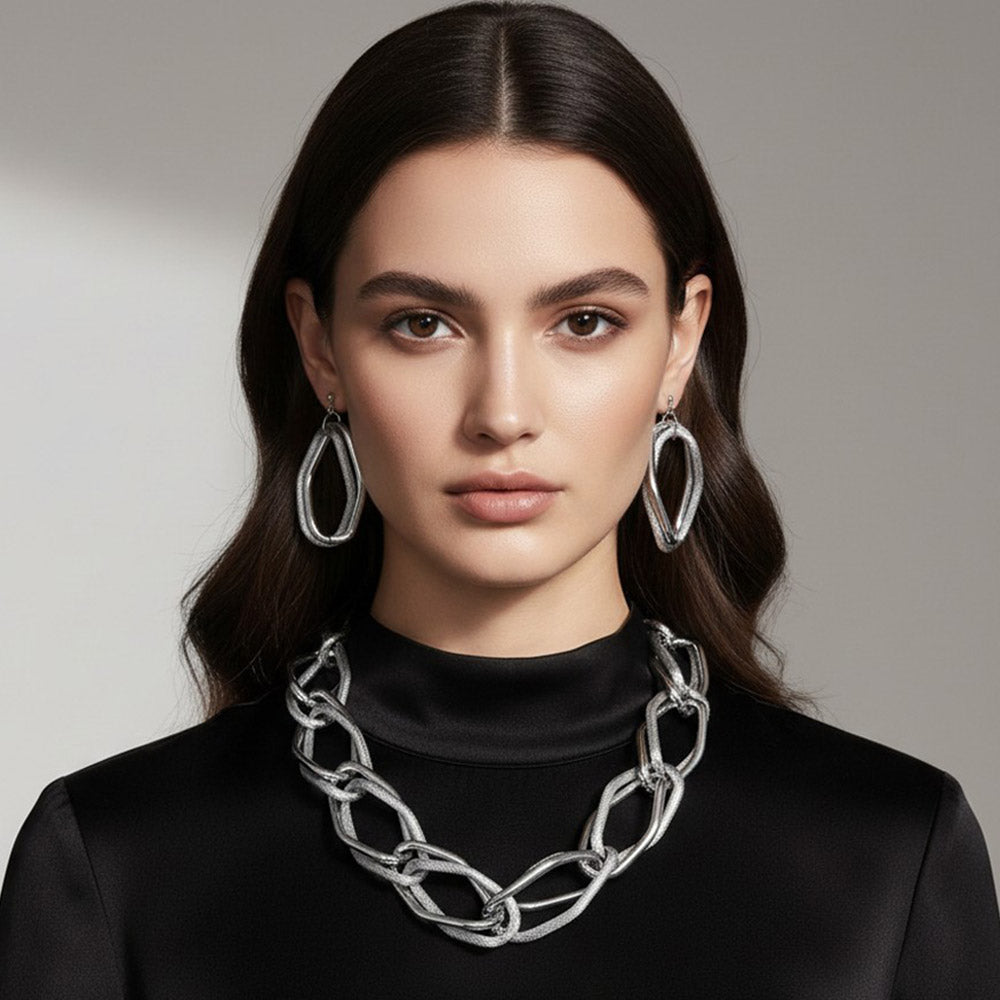 Bold Silver Tone Chunky Chain Link Statement Necklace