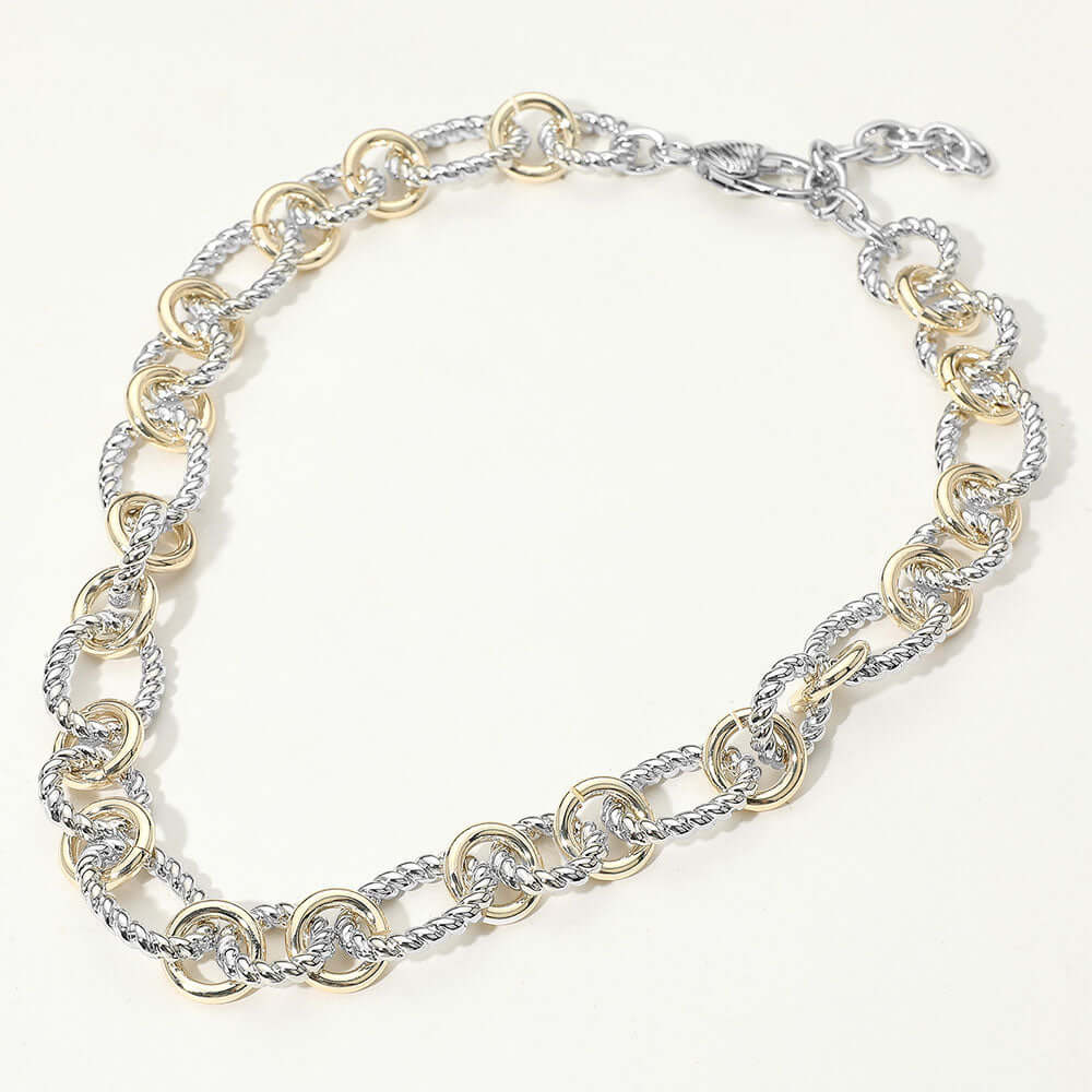 14K Gold Plated Two Tone Polished Round Accent Twisted Link Chain Necklace