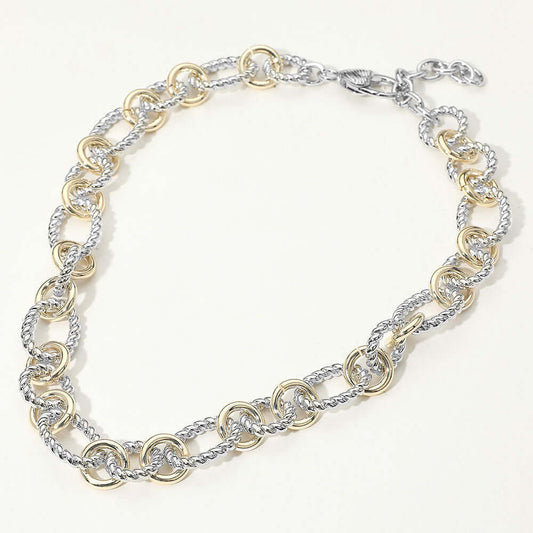 14K Gold Plated Two Tone Polished Round Accent Twisted Link Chain Necklace