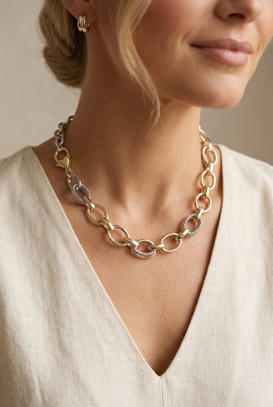 14K Gold Plated Two Tone Textured Oval Link Chunky Chain Necklace M H W ACCESSORIES LLC 14K Gold Plated Two Tone Textured Oval Link Chunky Chain Necklace