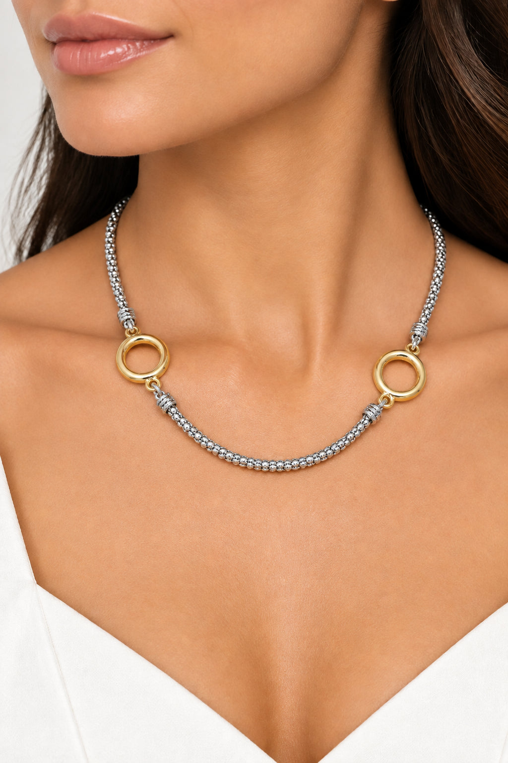 14K Gold Plated Two Tone Circle Link Chain Necklace M H W ACCESSORIES LLC 14K Gold Plated Two Tone Circle Link Chain Necklace