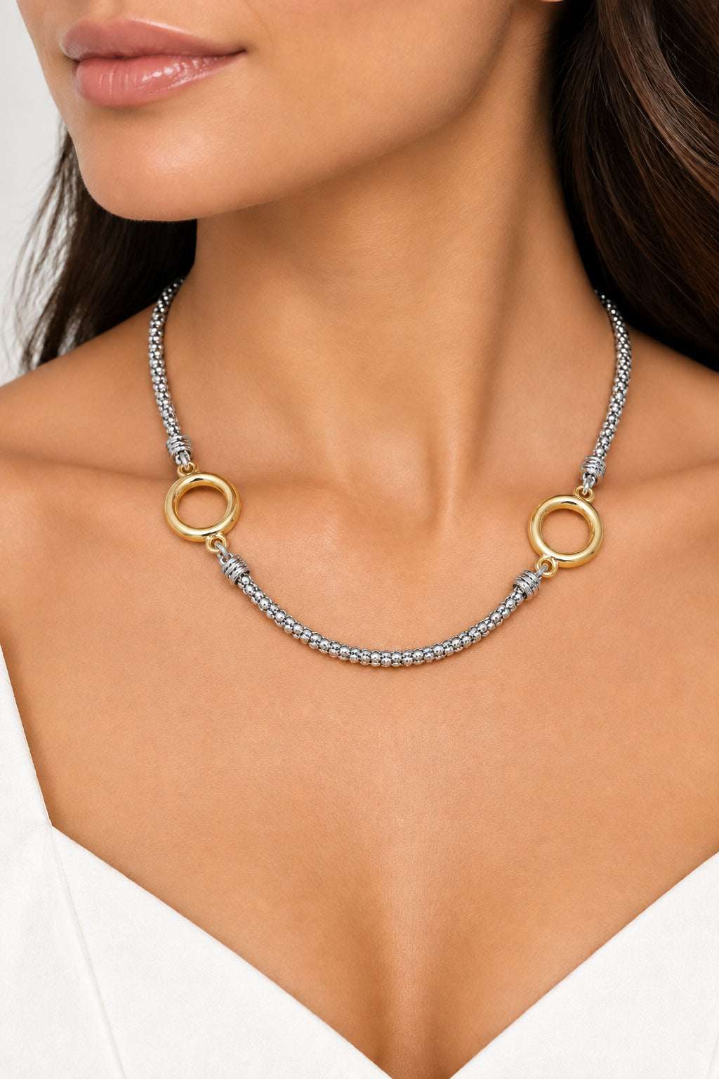 14K Gold Plated Two Tone Circle Link Chain Necklace M H W ACCESSORIES LLC 14K Gold Plated Two Tone Circle Link Chain Necklace