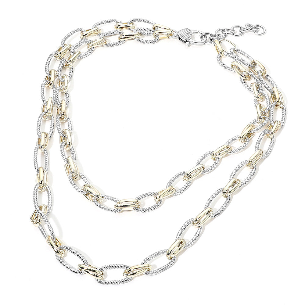 14K Gold Plated Two Tone Textured Oval Link Layered Statement Necklace M H W ACCESSORIES LLC 14K Gold Plated Two Tone Textured Oval Link Layered Statement Necklace