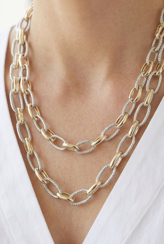 14K Gold Plated Two Tone Textured Oval Link Layered Statement Necklace M H W ACCESSORIES LLC 14K Gold Plated Two Tone Textured Oval Link Layered Statement Necklace