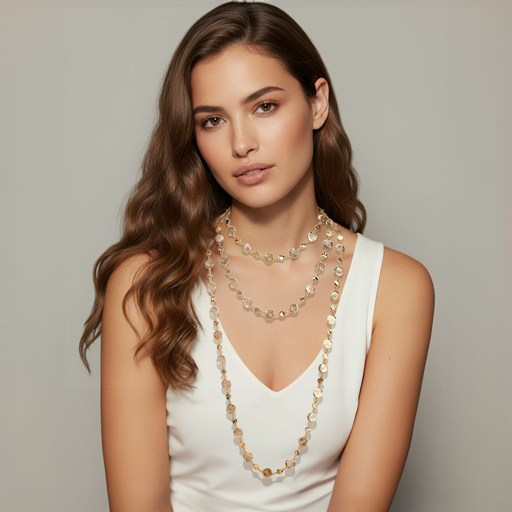 Women's Textured Metal Disc Link Multi Layered Necklace