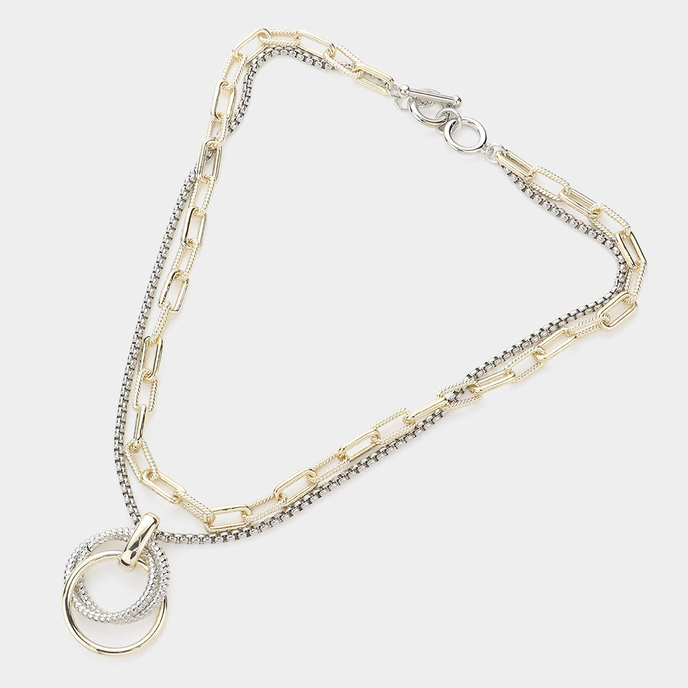 Triple Open Metal Circle Link Pendant Double Layered Toggle Necklace M H W ACCESSORIES LLC Triple Open Metal Circle Link Pendant Double Layered Toggle Necklace