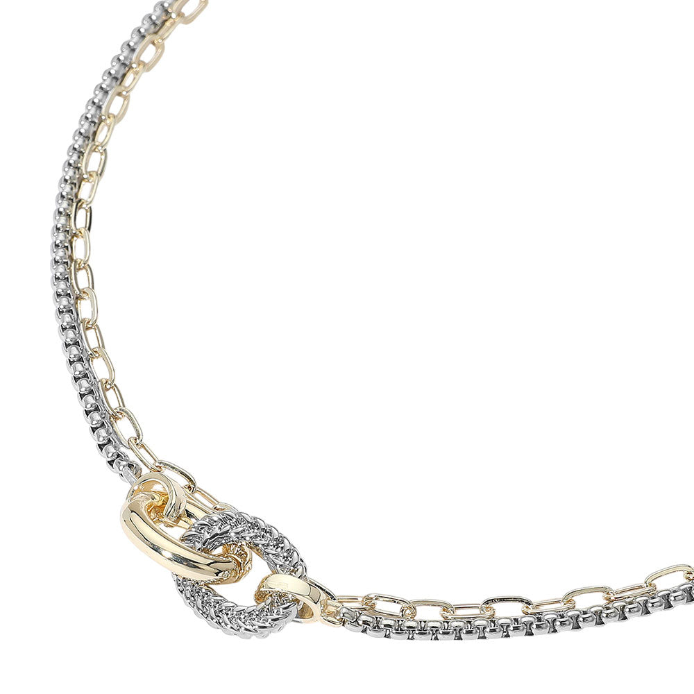 14K Gold Plated Two Tone Textured Ring Accent Layered Chain Necklace