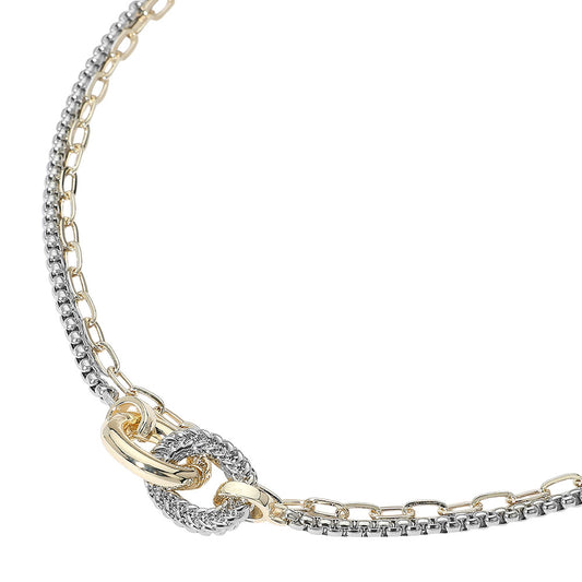 14K Gold Plated Two Tone Textured Ring Accent Layered Chain Necklace