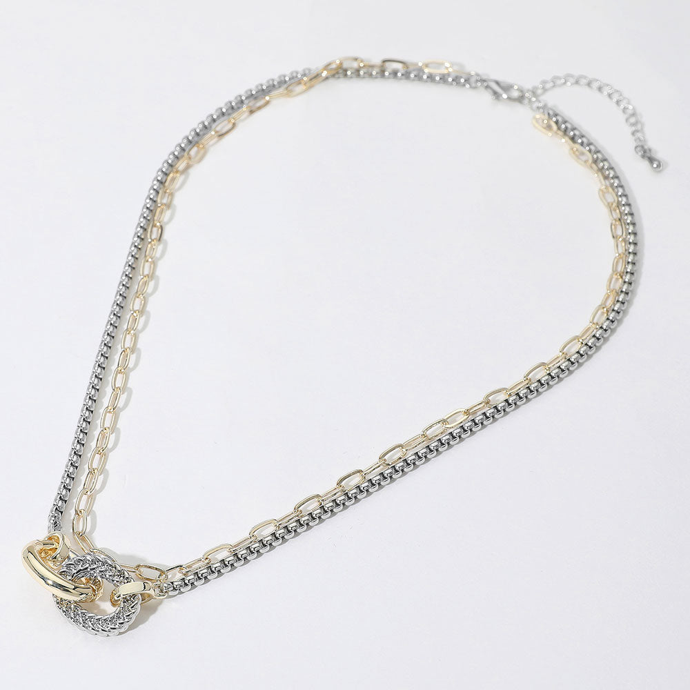 14K Gold Plated Two Tone Textured Ring Accent Layered Chain Necklace