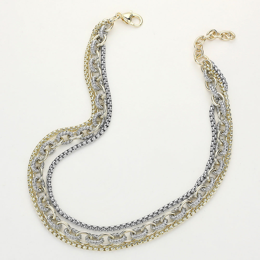 14K Gold Plated Two Tone Multi Layered Chunky Chain Necklace