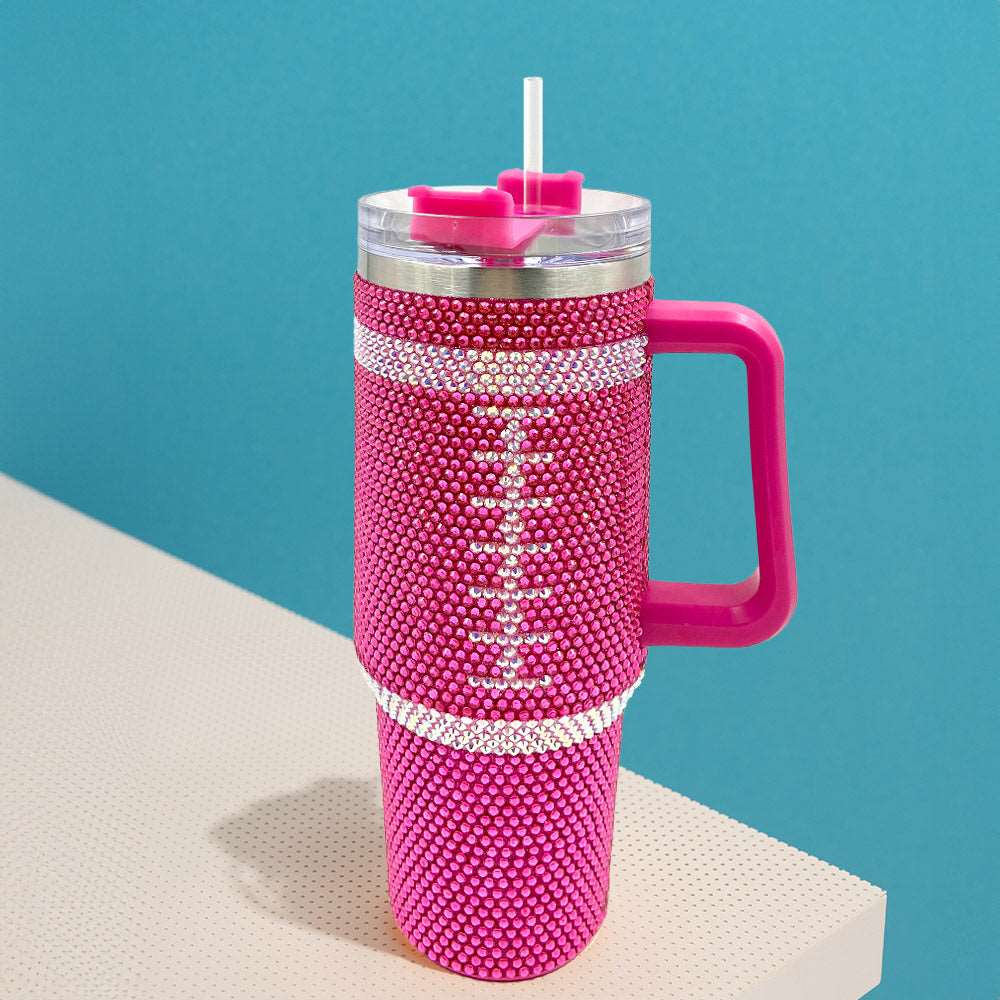 Fuchsia Bling Studded Football 40oz Stainless Steel Tumbler With Handle - M H W ACCESSORIES LLC
