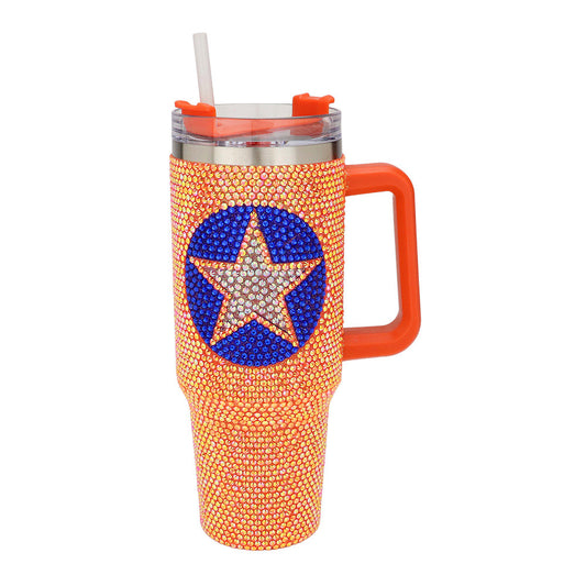 Orange & Royal Blue Bling Studded Texas Astros Star Pointed 40oz Stainless Steel Tumbler With Handle - M H W ACCESSORIES LLC