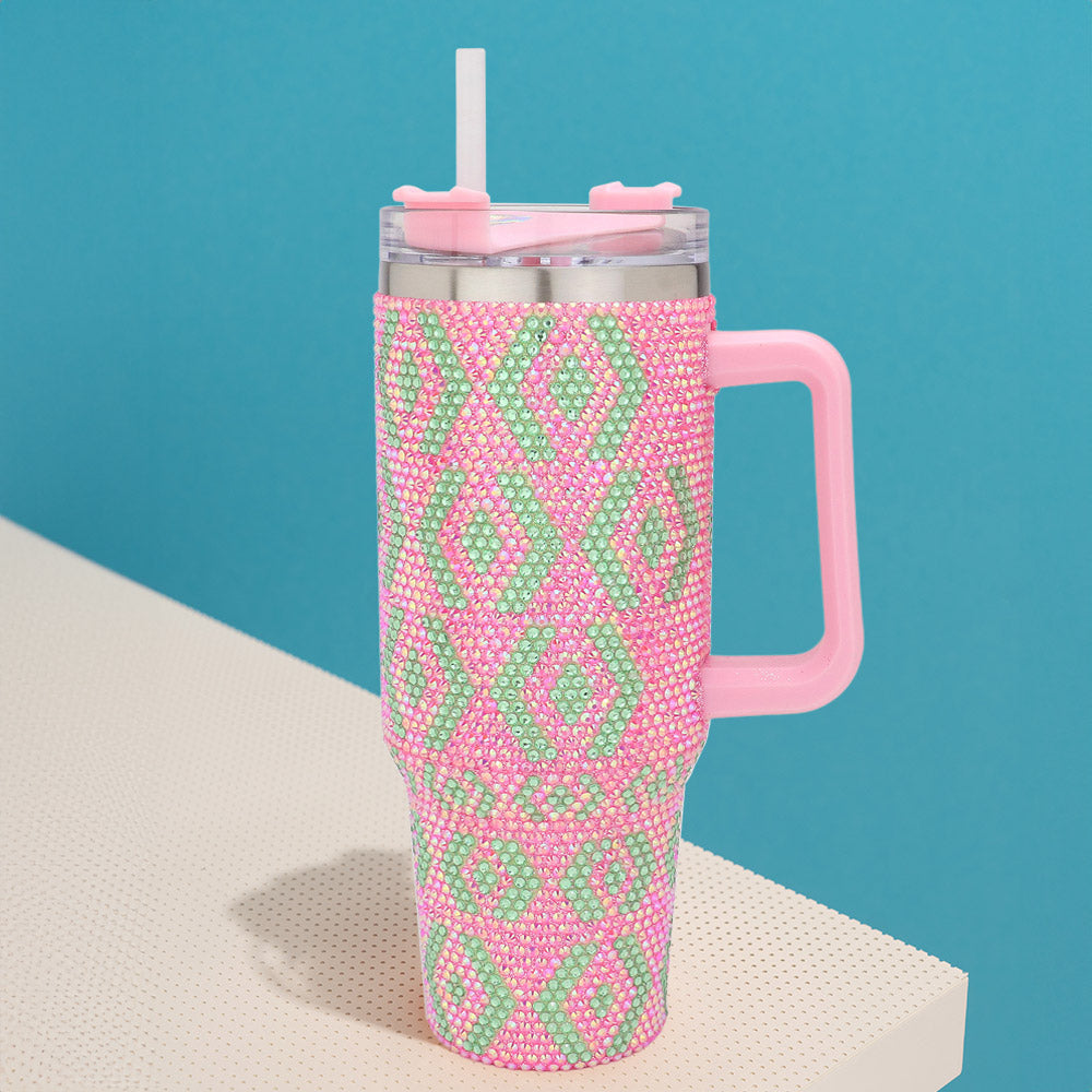 Pink and Green Bling Studded Abstract Patterned 40oz Stainless Steel Tumbler - M H W ACCESSORIES LLC