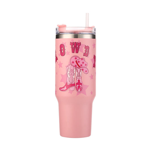 Pink Howdy Cowboy Boots Printed 40OZ Stainless Steel Tumbler With Handle - M H W ACCESSORIES LLC