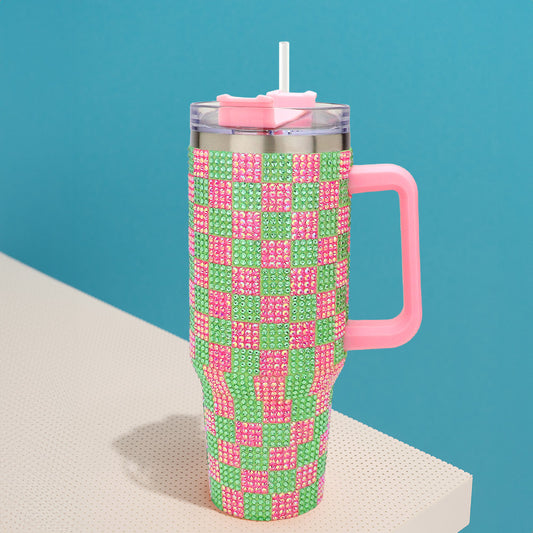 Pink & Green Bling Studded Checkered Patterned 40oz Stainless Steel Tumbler - M H W ACCESSORIES LLC