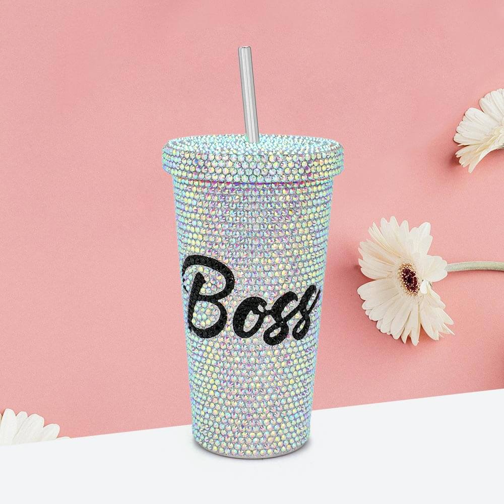 Silver Bling Studded Boss Message 17oz Stainless Steel Tumbler - M H W ACCESSORIES LLC