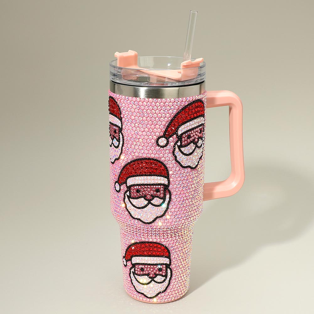 Bling Studded Pink Santa Pattern 40oz Stainless Steel Tumbler with Handle