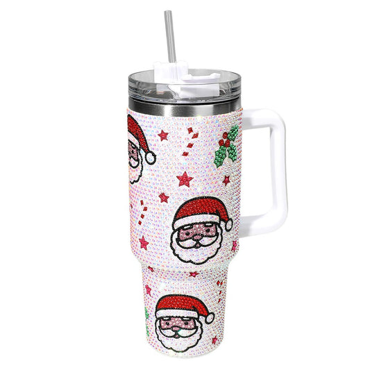 Bling Studded Clear Santa Pattern 40oz Stainless Steel Tumbler with Handle