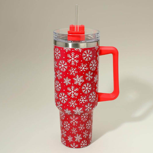 Snowflake Red Pattern Printed Holiday 40oz Stainless Steel Tumbler with Handle