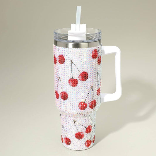 Cherry Bling Studded Color block 40oz Stainless Steel Tumbler With Handle