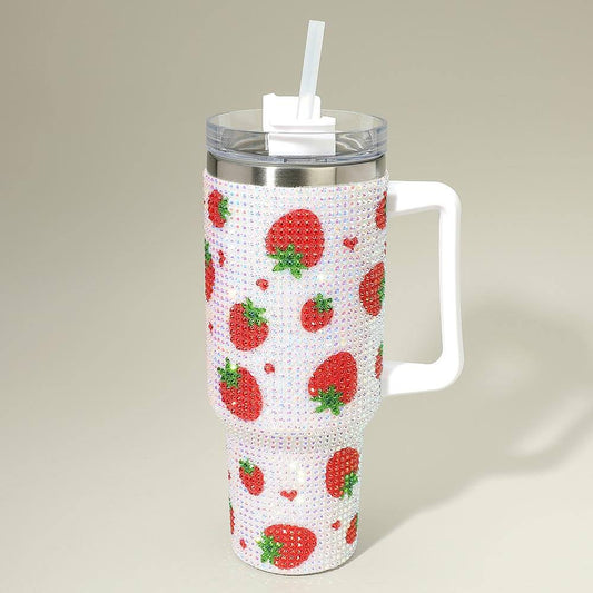 Strawberry Bling Studded Color block 40oz Stainless Steel Tumbler With Handle