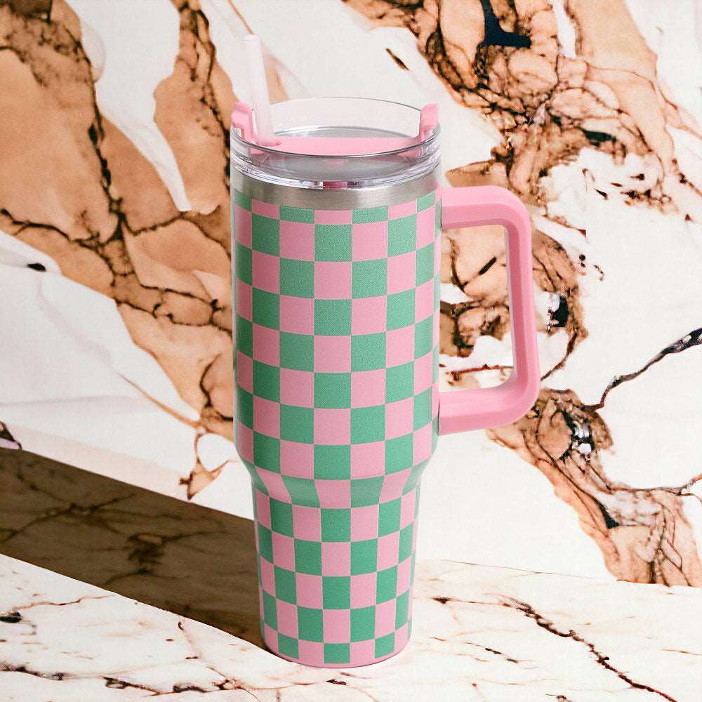 Pink & Green Checkered Stainless-Steel Tumbler - M H W ACCESSORIES LLC
