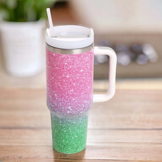 Pink and Green Ombre 40oz Double Wall Stainless Steel Tumbler With Handle - M H W ACCESSORIES LLC