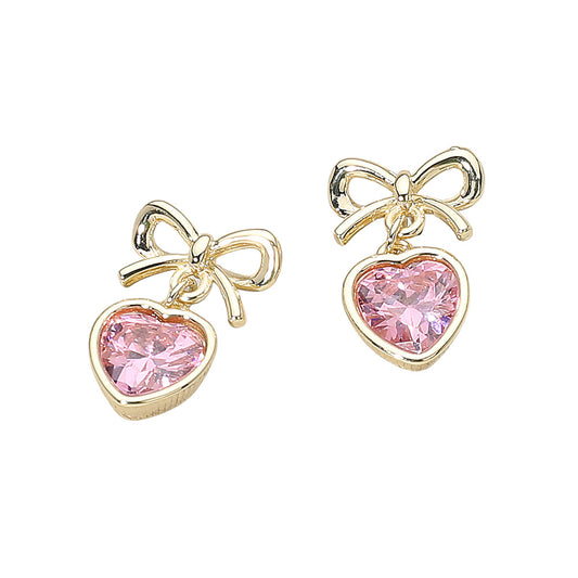 14K Gold Plated Bow Top Heart CZ Stone Bezel Drop Dangle Earrings