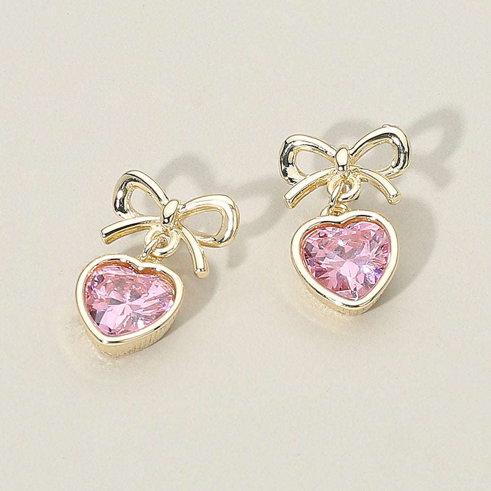 14K Gold Plated Bow Top Heart CZ Stone Bezel Drop Dangle Earrings M H W ACCESSORIES LLC 14K Gold Plated Bow Top Heart CZ Stone Bezel Drop Dangle Earrings