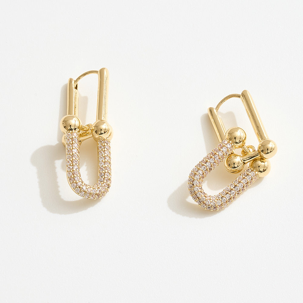 14K Gold Dipped CZ Pave Link Drop Huggie Earrings
