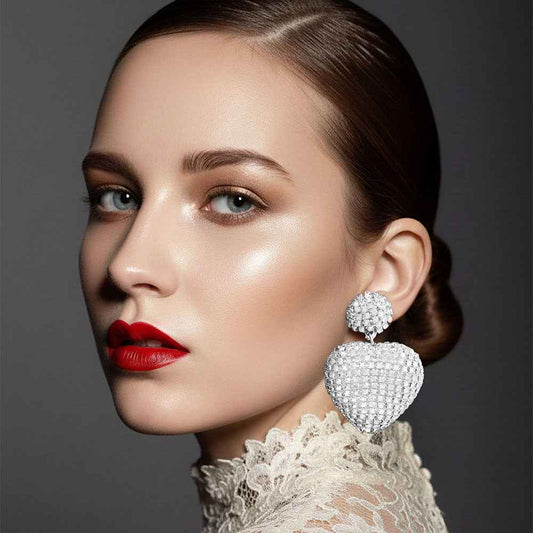 Rhinestone Studded Puffy Heart Drop Statement Earrings