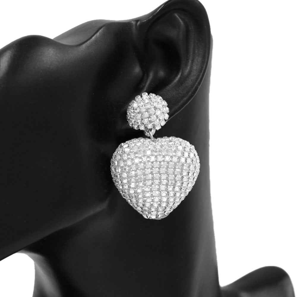 Rhinestone Studded Puffy Heart Drop Statement Earrings